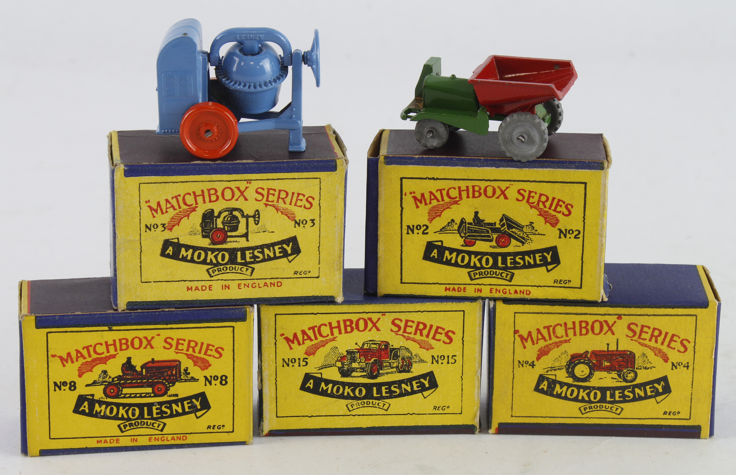 Matchbox. Five boxed Matchbox Moko Lesney models, comprising Dumper (no. 2); Cement Mixer (3);