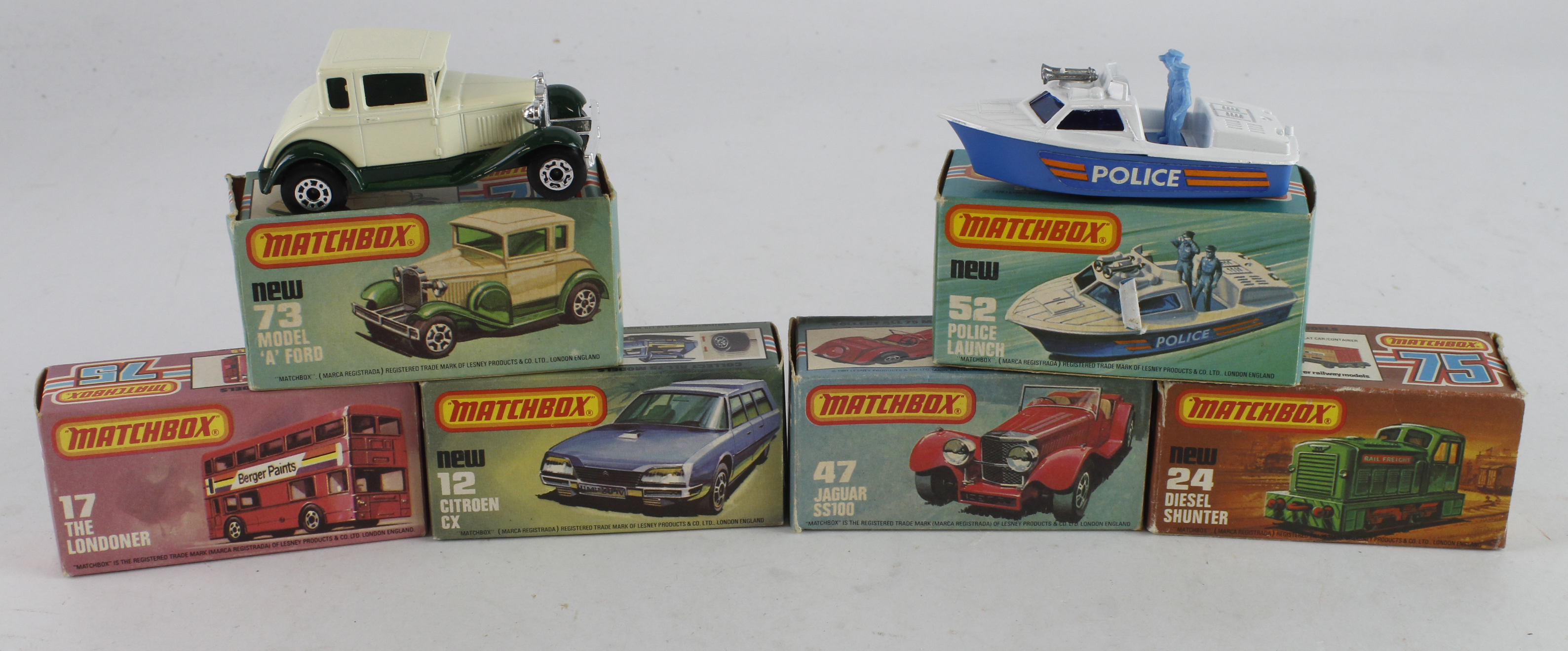 Matchbox. Six boxed Matchbox 75 Series models, comprising Citroen CX (no. 12); The Londoner (17);