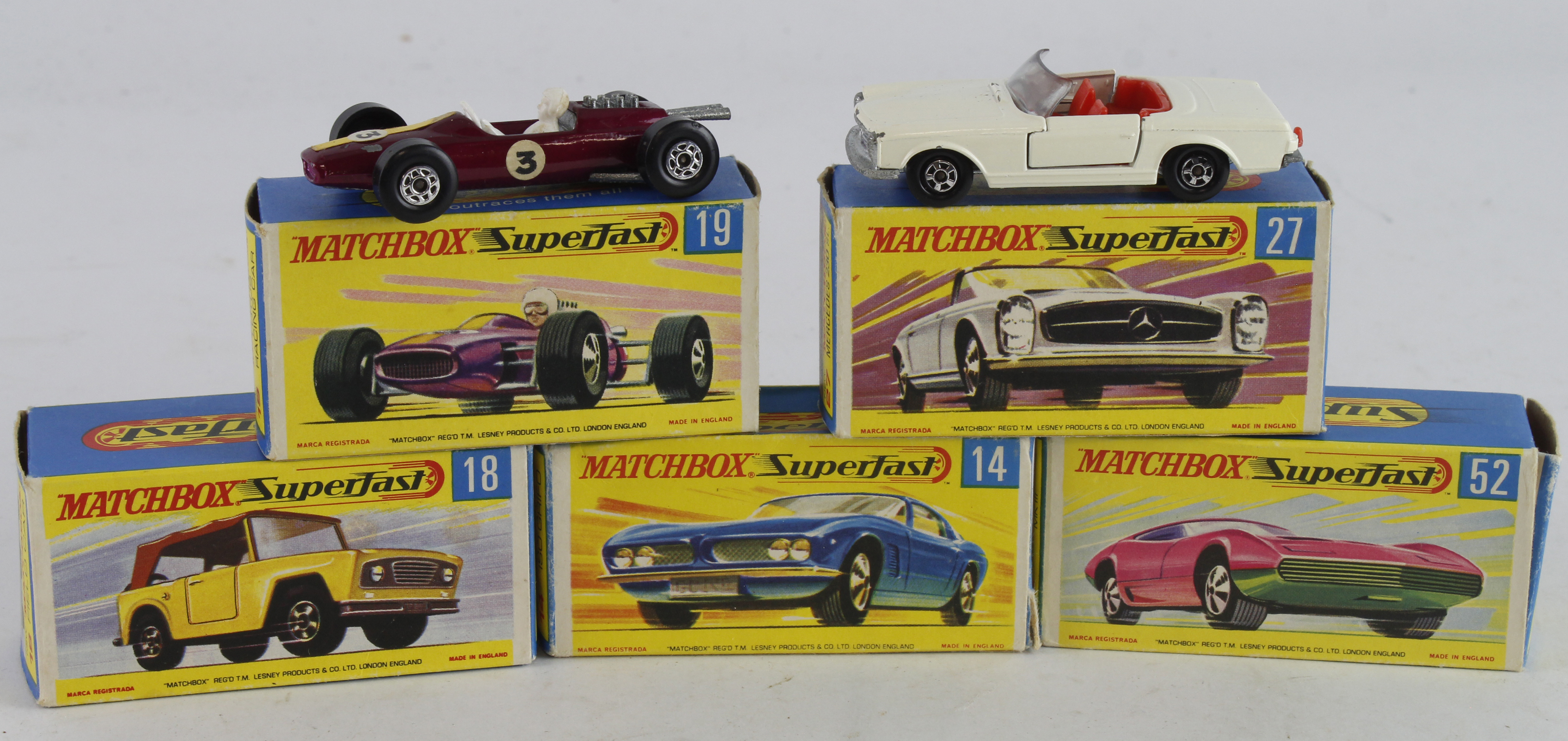 Matchbox. Five boxed Matchbox Superfast models, comprising ISO Grifo (no. 14); Field Car (18); Lotus