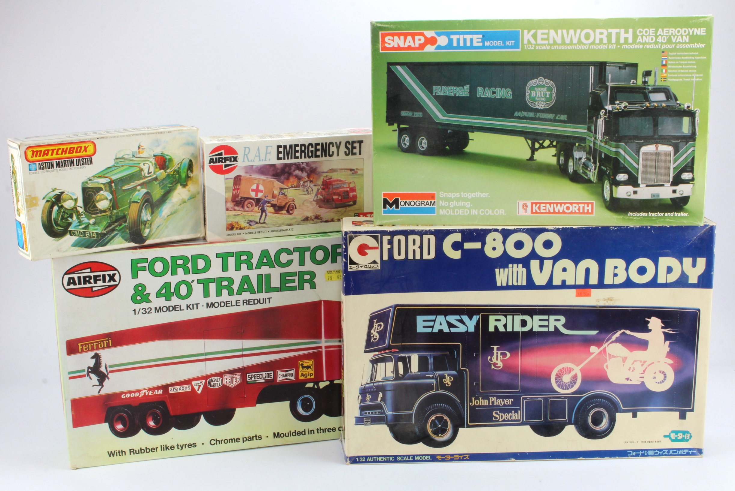 Kits. Five boxed plastic kits, comprising Airfix 1/32 scale Ford Tractor & 40" Trailer 'Ferrari' (