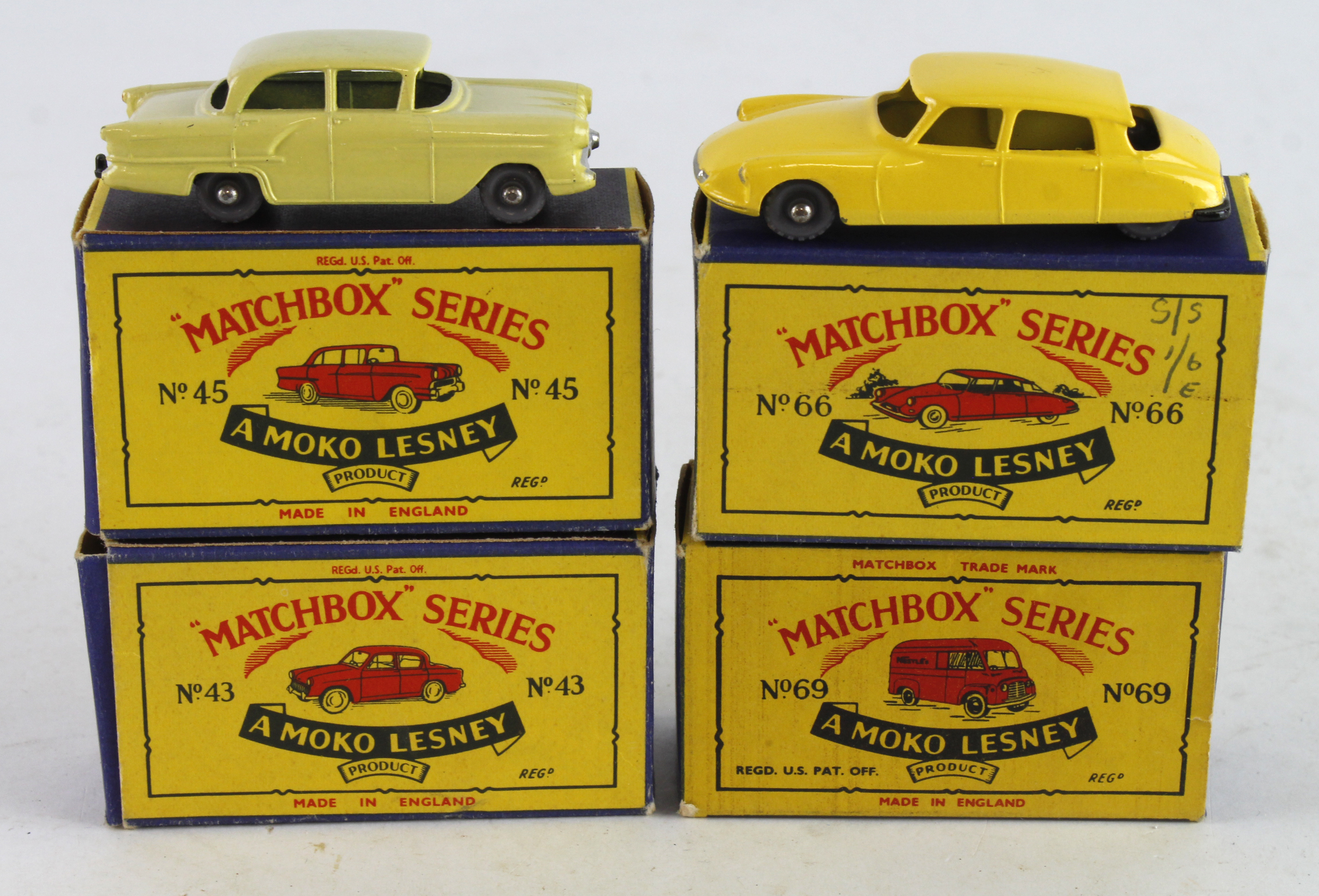 Matchbox. Four boxed Matchbox Moko Lesney models, comprising Hillman Minx (no. 43); Vauxhall