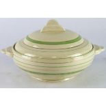 Clarice Cliff striped tureen, makers marks to base (no. 7024), diameter, height 13.5cm, 20cm approx.