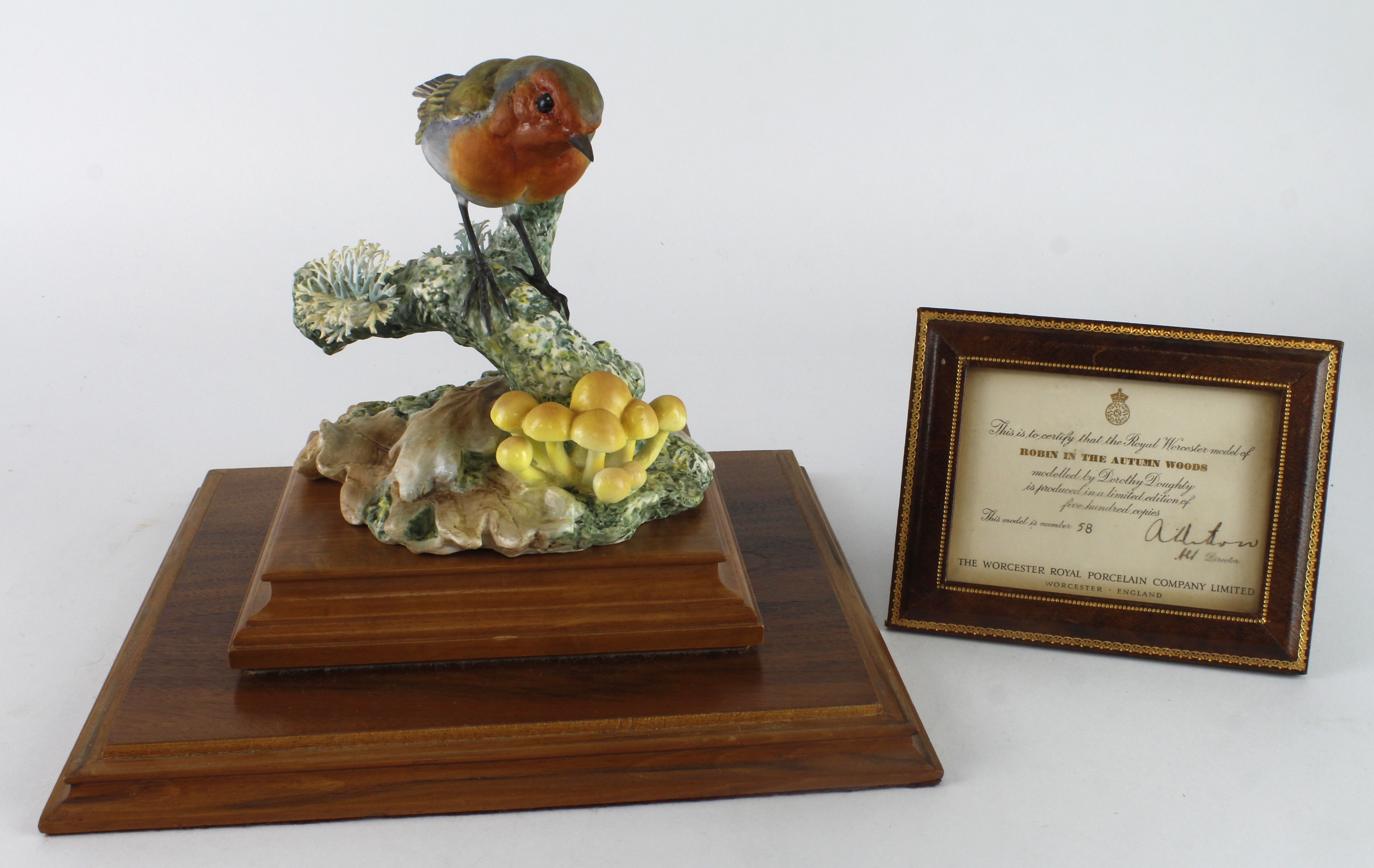 Royal Worcester porcelain figure by Dorothy Doughty 'Robin in the Autumn Woods', framed