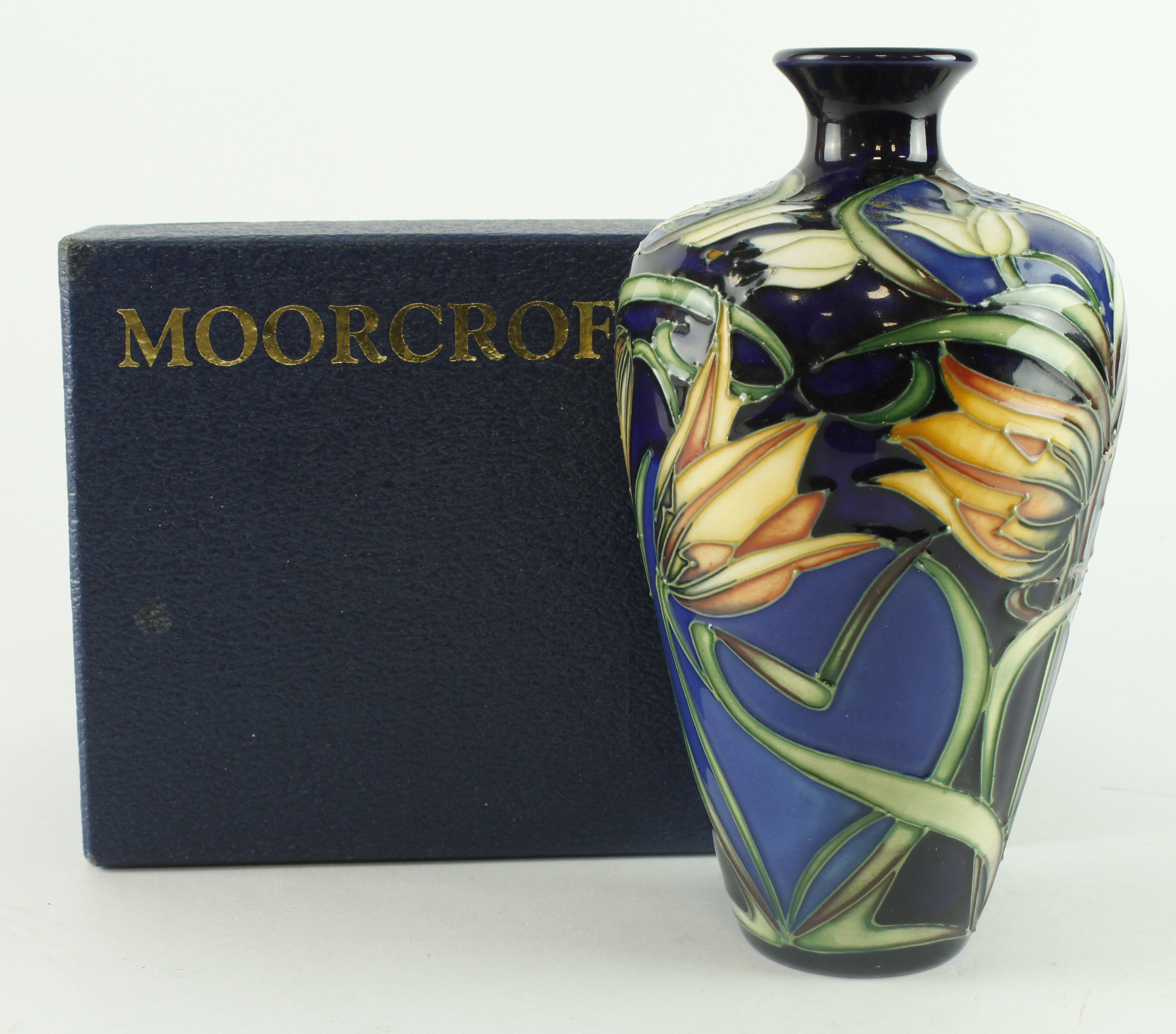 Moorcroft Loch Hope pattern vase, makers marks to base, height 15cm approx., contained in a