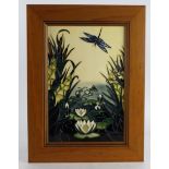 Moorcroft. Large framed Moorcroft Dragonfly plaque, makers mark to reverse, plaque size 20cm x 30.