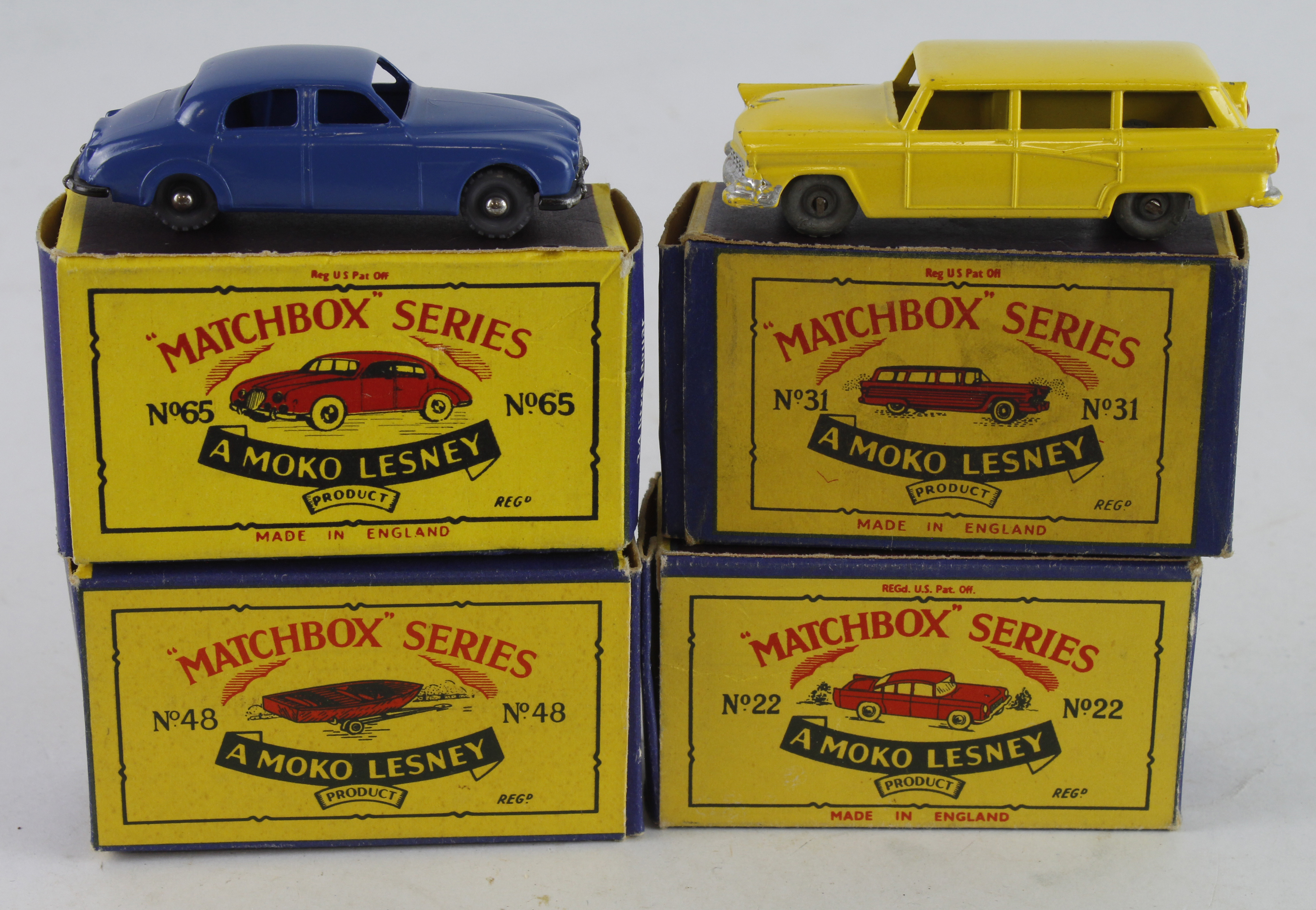 Matchbox. Four boxed Matchbox Moko Lesney models, comprising Vauxhall Cresta (no. 22); Ford