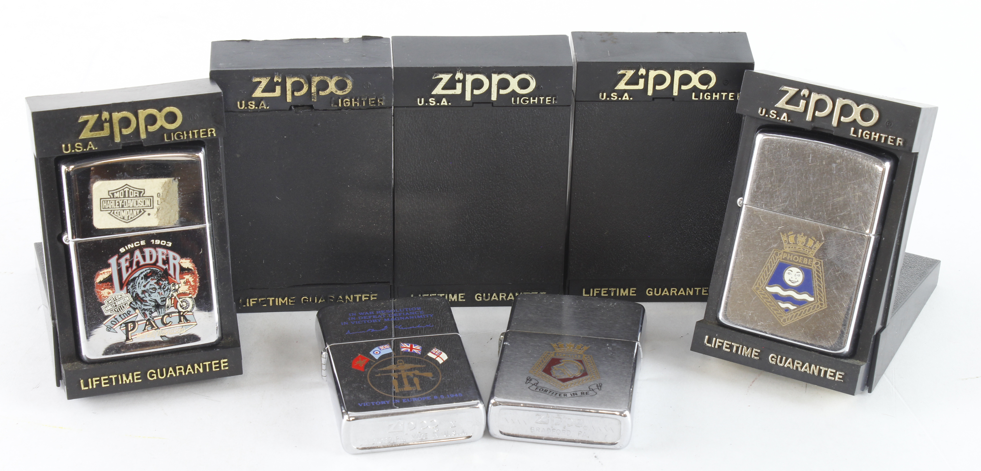 Zippo. Seven mostly cased Zippo lighters, including Leader of the Pack, Phoebe, Snap On, Civil War