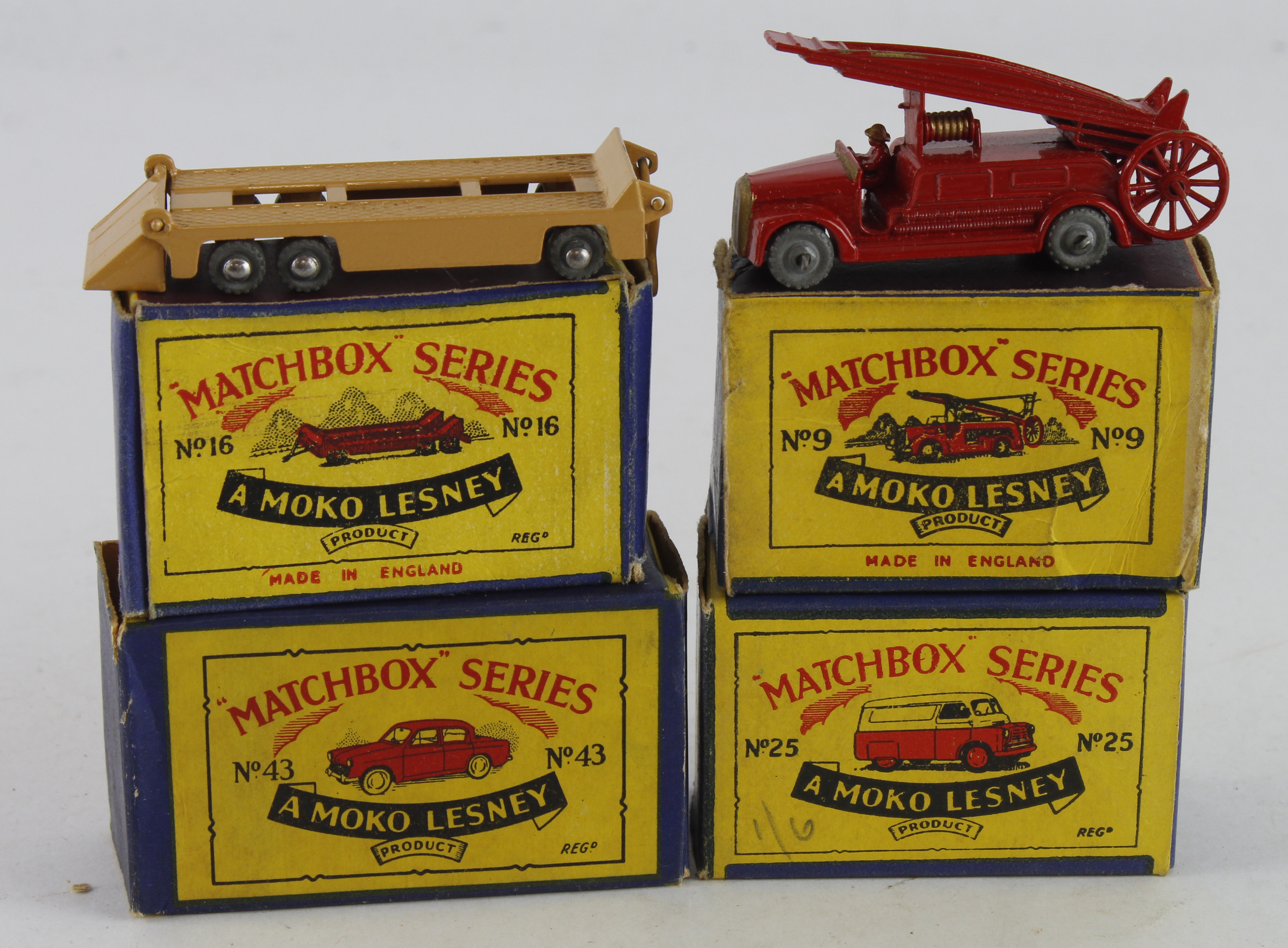 Matchbox. Four boxed Matchbox Moko Lesney models, comprising Dennis Fire Engine (no. 9, one inner