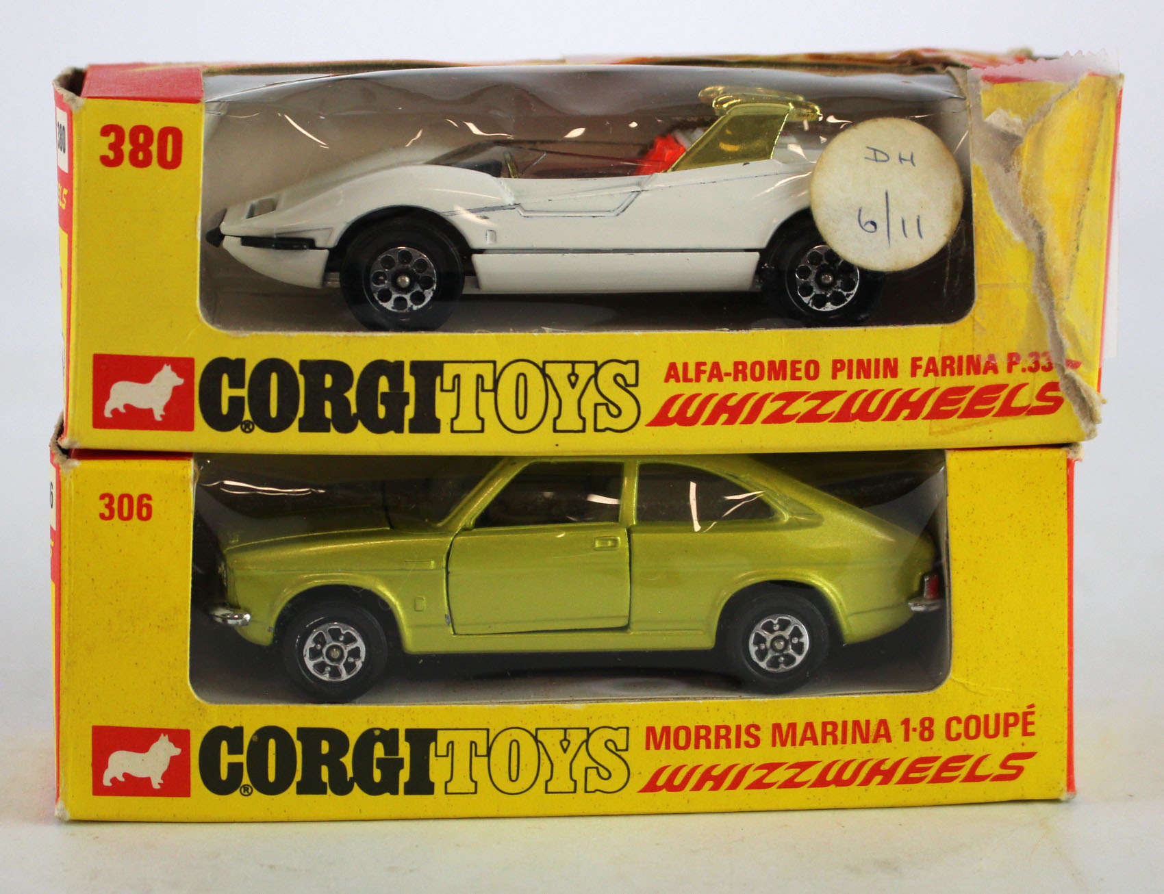 Corgi Toys. Two boxed Corgi 'Whizzwheels' models, comprising Morris Marina 1.8 Coupe' (no. 306,