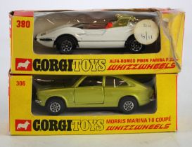 Corgi Toys. Two boxed Corgi 'Whizzwheels' models, comprising Morris Marina 1.8 Coupe' (no. 306,