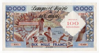 Algeria 100 Nouveaux Francs overprint on 10000 Francs dated 17th February 1958, serial O.489 883 (