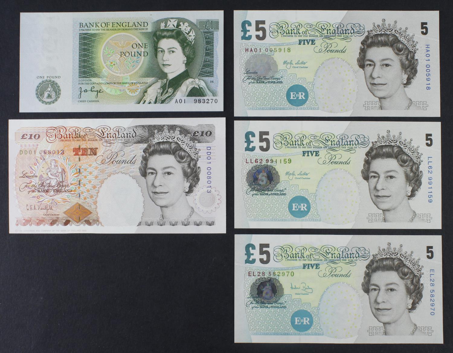 Bank of England (5), a group of special numbers, Page 1 Pound FIRST RUN A01 983270 (B337), Kentfield