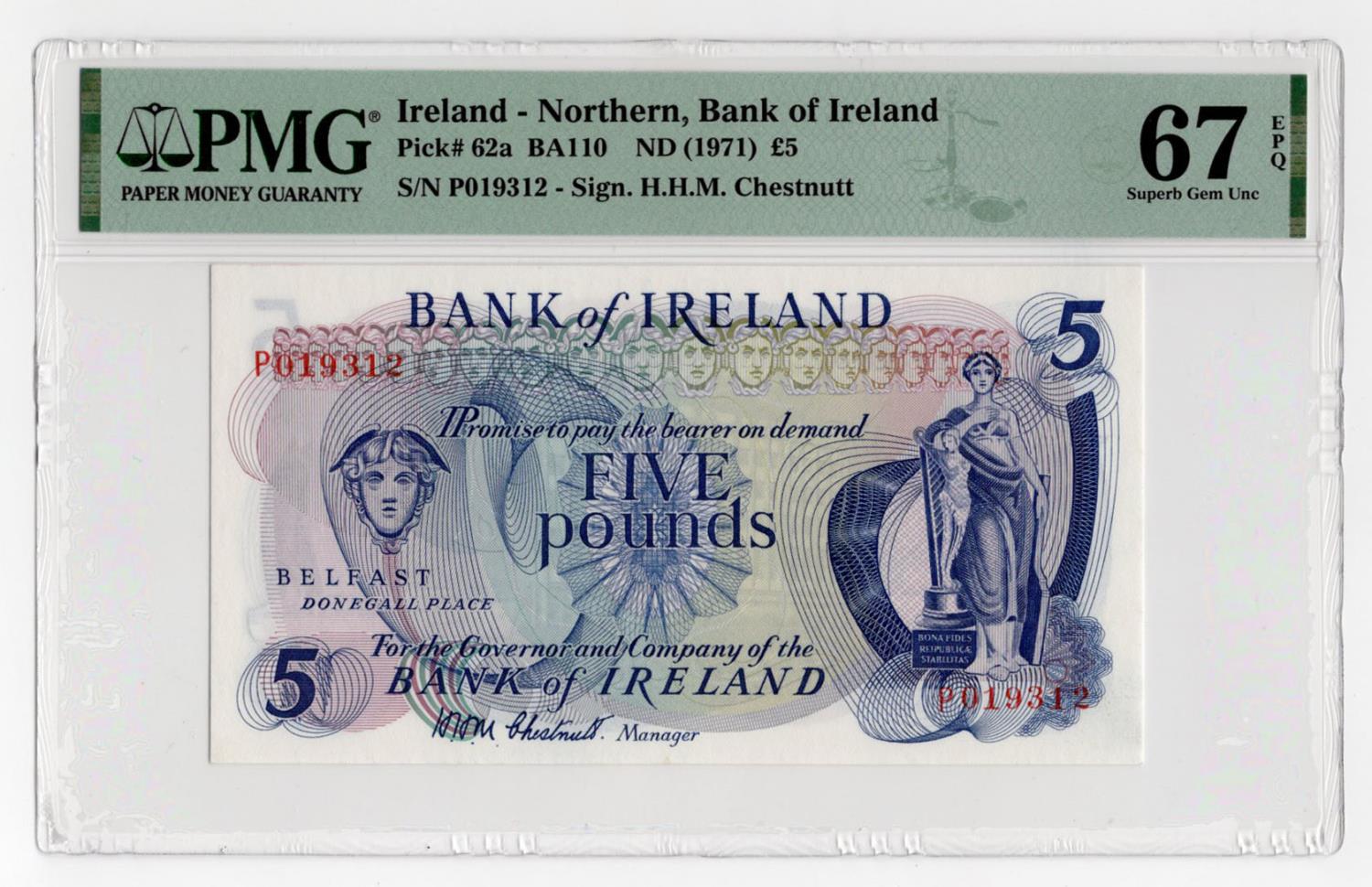 Northern Ireland, Bank of Ireland 5 Pounds not dated issued 1971, scarcer first signature H.H.M.