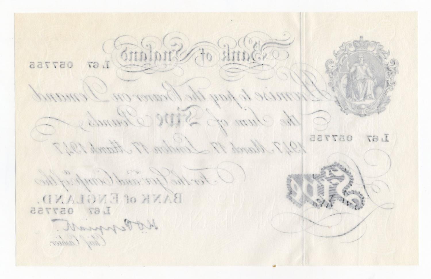 Peppiatt 5 Pounds (B264) dated 17th March 1947, serial L67 057755, London issue on thin paper, a - Image 2 of 2