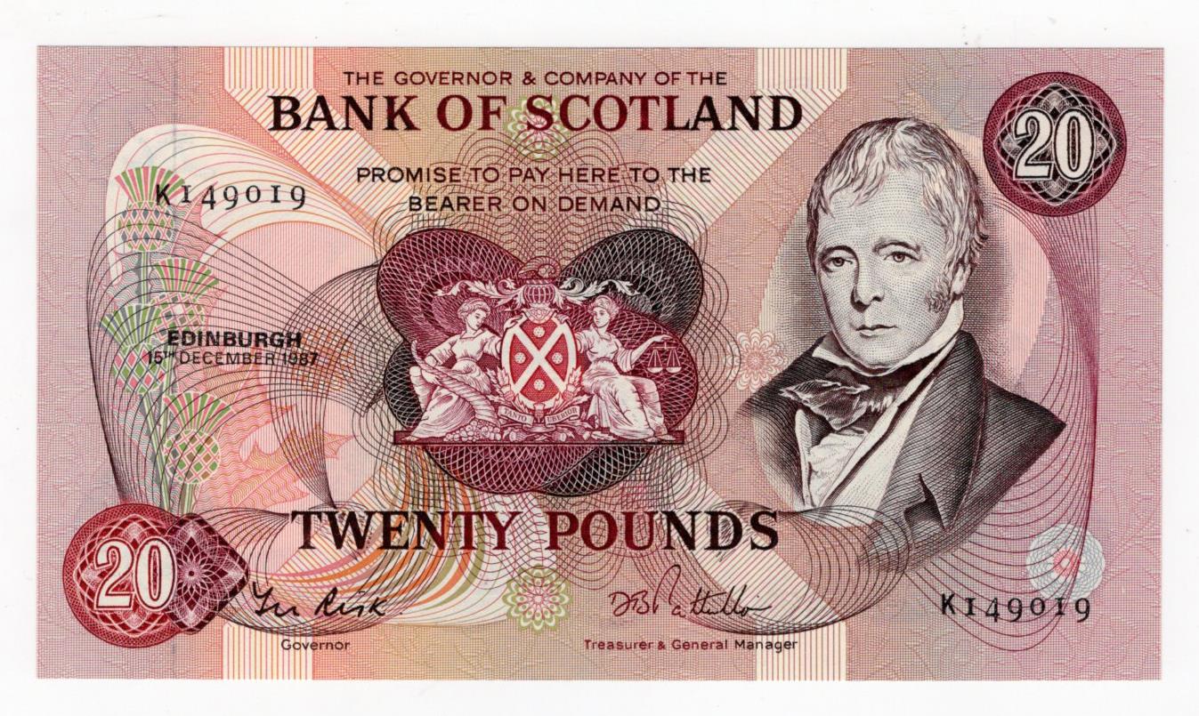 Scotland, Bank of Scotland 20 Pounds dated 15th December 1987, last date and prefix of issue, signed