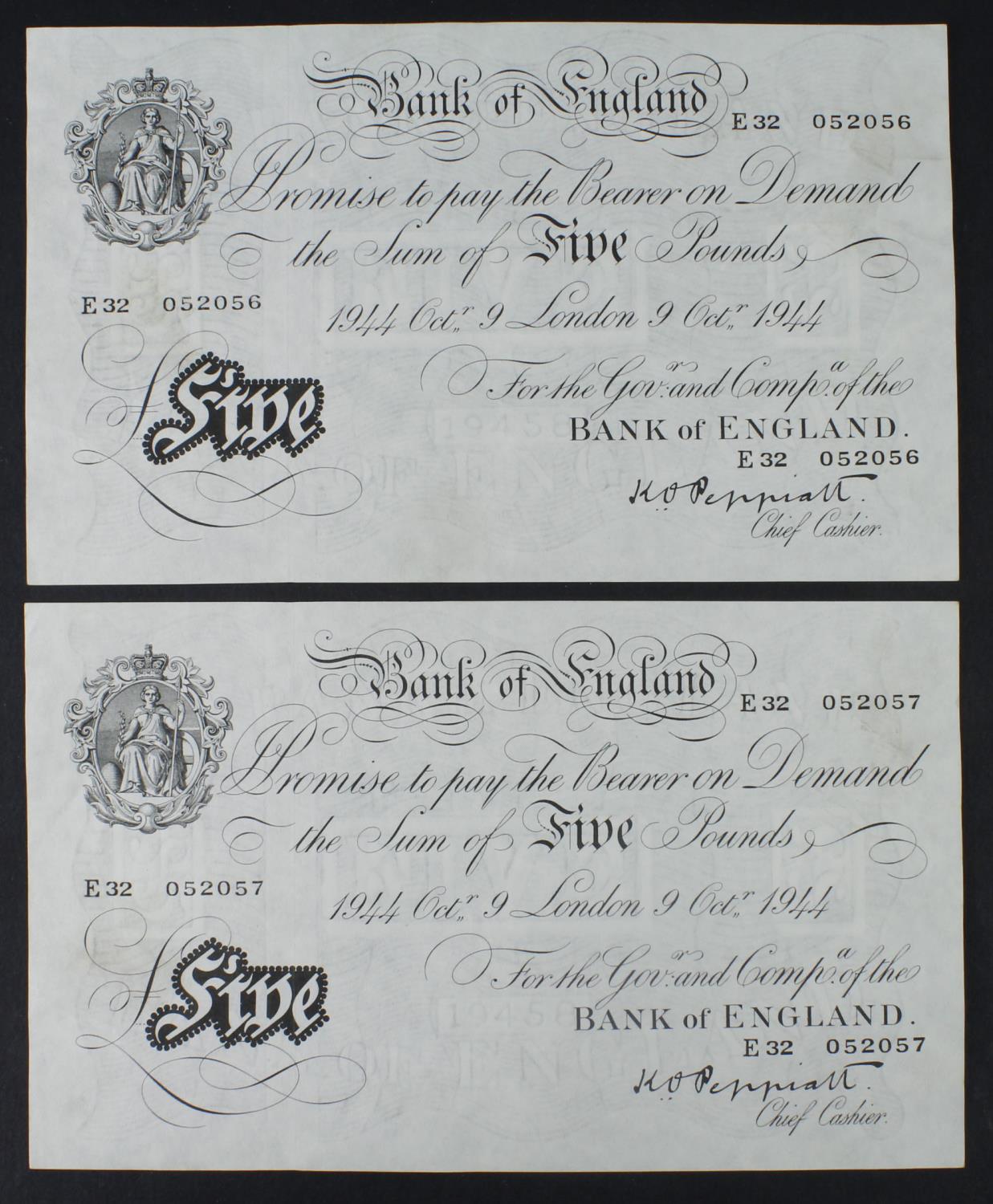 Peppiatt 5 Pounds (B255) dated 9th October 1944 (2), a consecutively numbered pair printed on