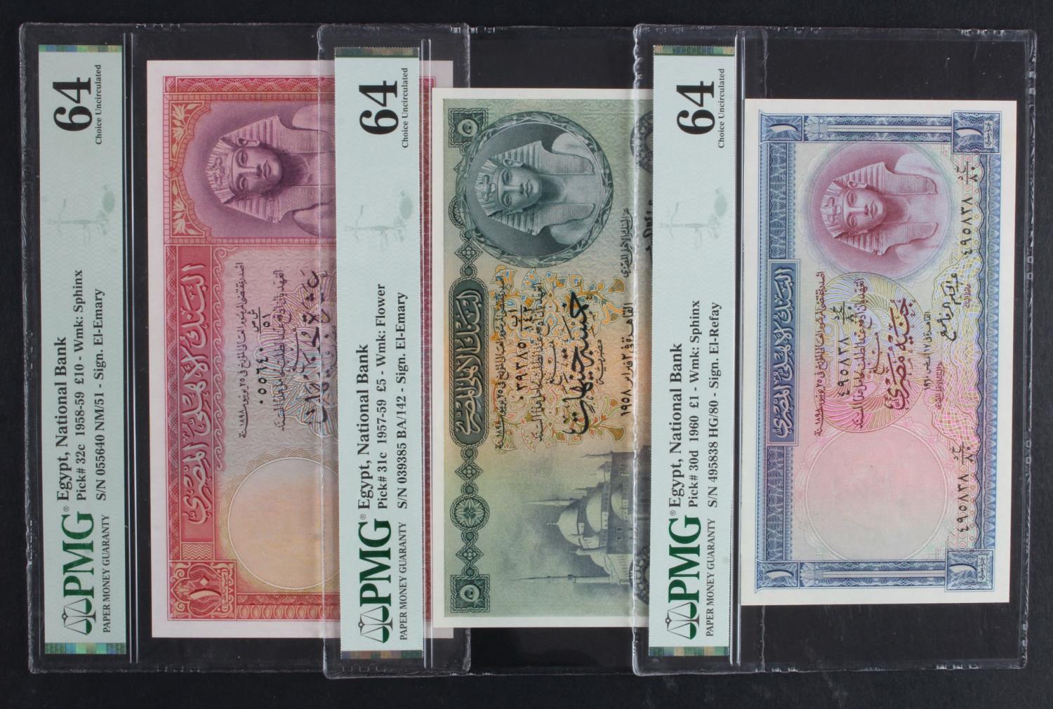 Egypt (3), 10 Pounds dated 1958 signed Abdel Gueleel El-Emary, serial 055640 NM/51 (BNB B132c,