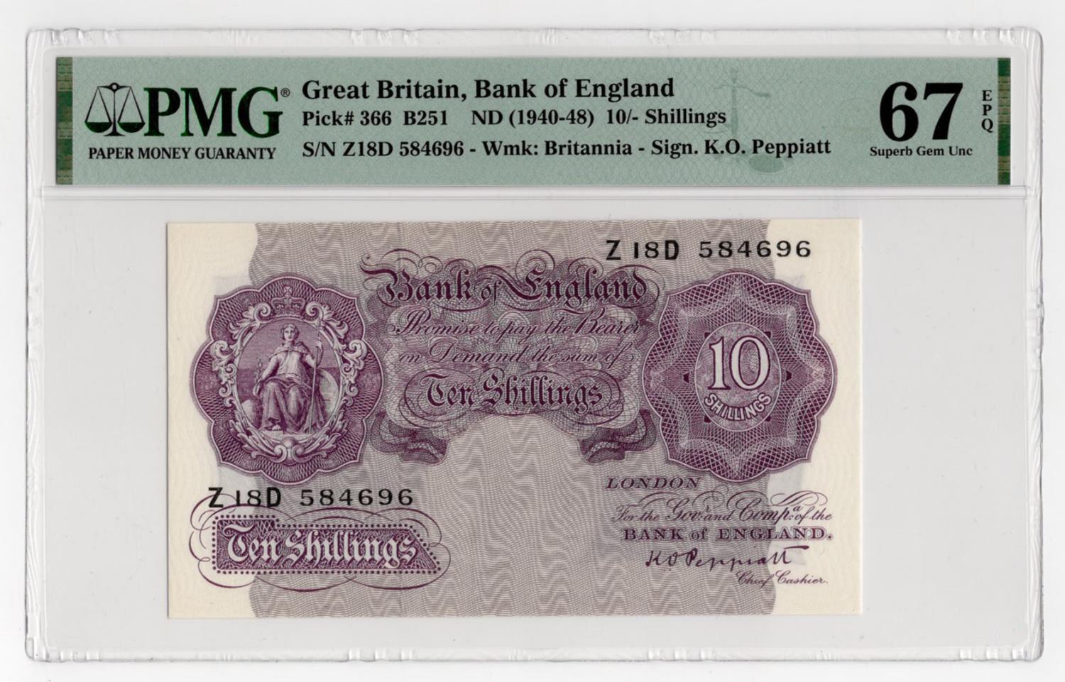 Peppiatt 10 Shillings (B251) issued 1940, mauve WW2 emergency issue, FIRST SERIES, serial Z18D