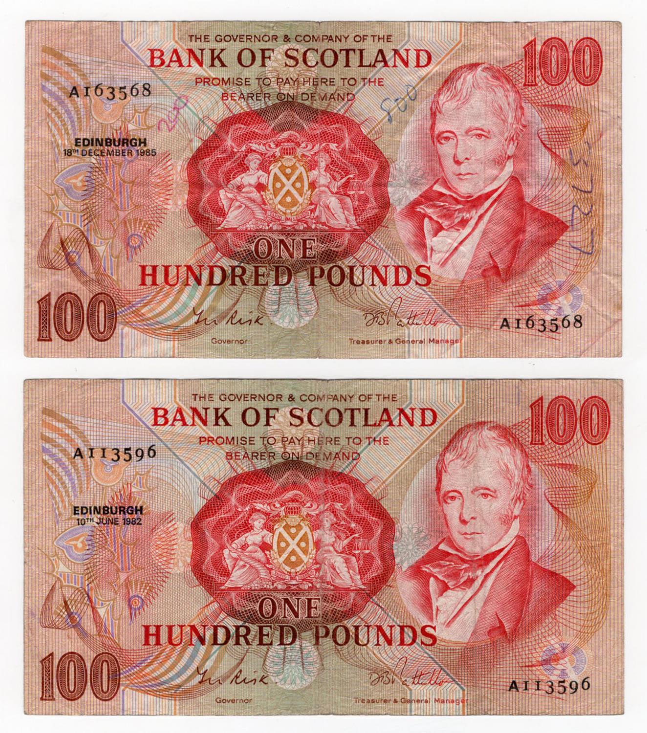 Scotland, Bank of Scotland 100 Pounds (2) dated 10th June 1982 and 18th December 1985, signed Risk &