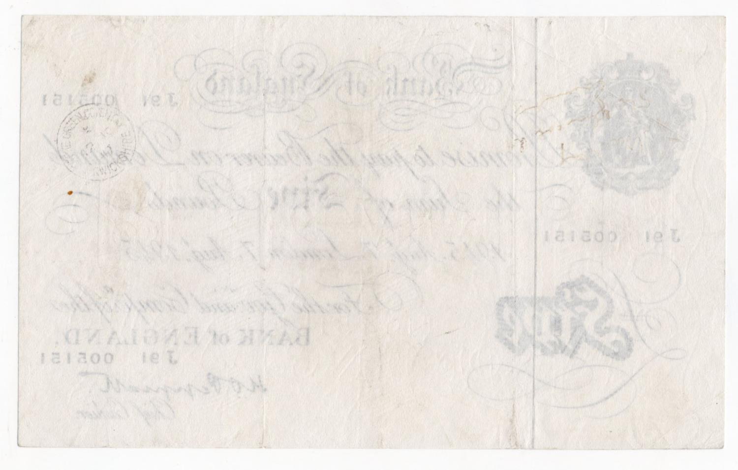 Peppiatt 5 Pounds (B255) dated 7th August 1945, serial J91 005151, London issue on thick paper ( - Image 2 of 2