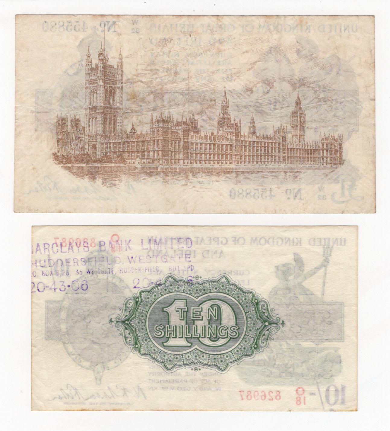 Warren Fisher (2), 10 Shillings (T30) issued 1922, serial O/18 826987 (T30, Pick358) bank stamp on - Image 2 of 2