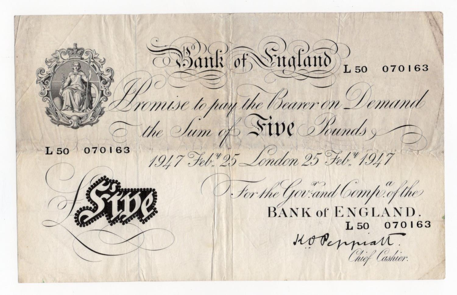 Peppiatt 5 Pounds (B264) dated 25th February 1947, serial L50 070163, London issue on thin paper (