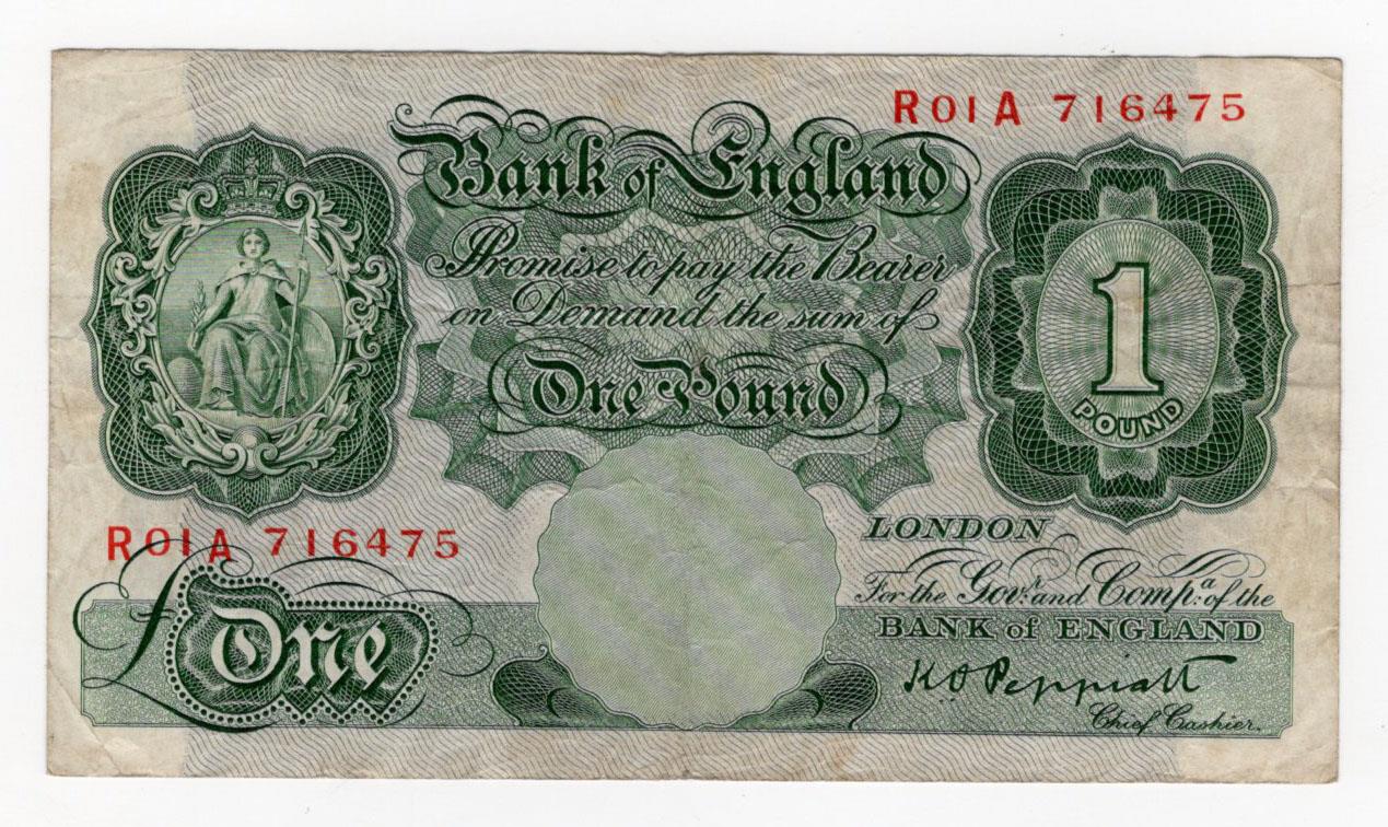 Peppiatt 1 Pound (B258) issued 1948, the rarer post war issue WITHOUT security thread, very rare