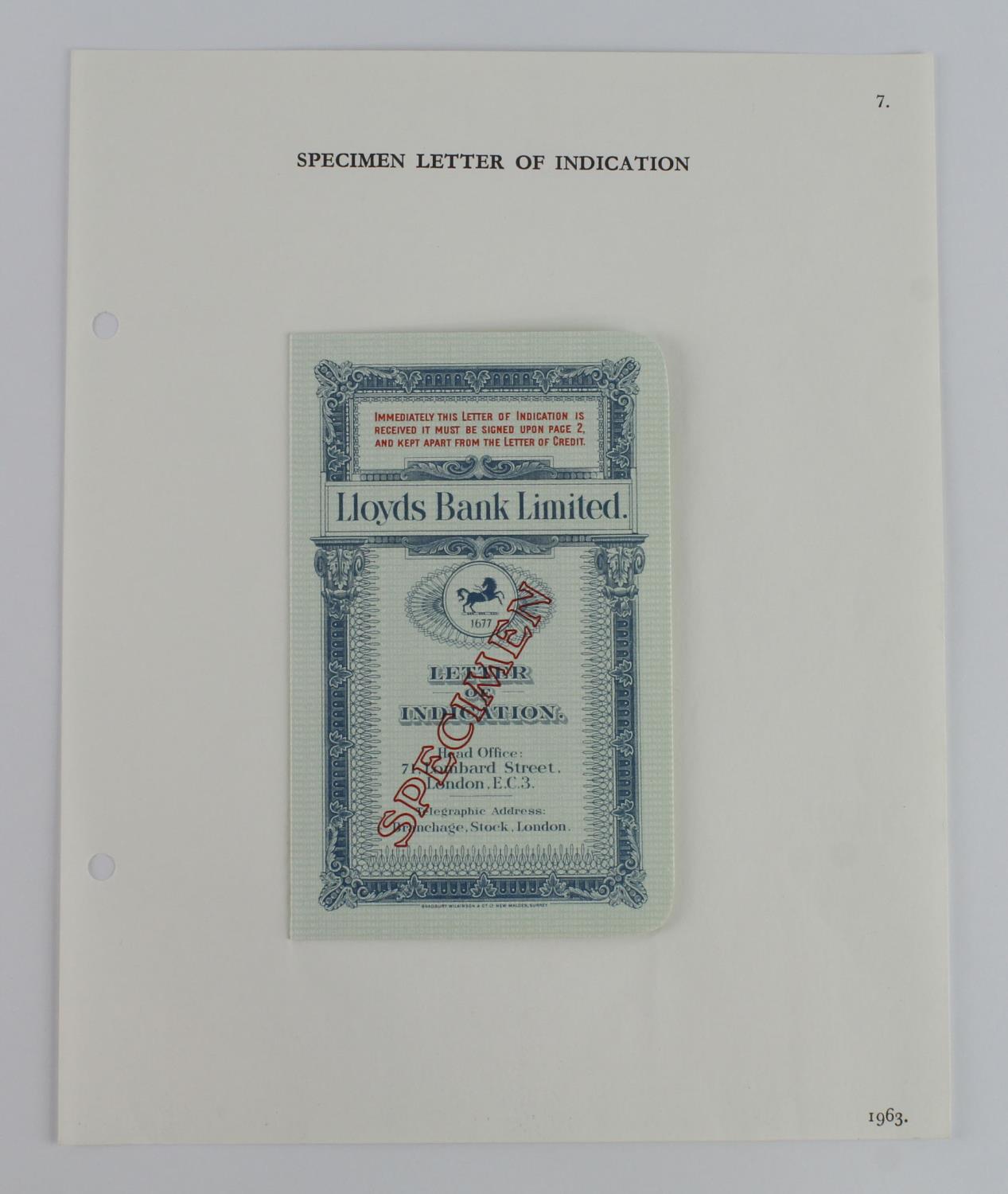 Lloyds Bank Limited SPECIMEN Letters of Credit, Letters of Indication and Travellers Cheques 1950' - Image 3 of 20