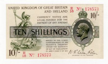 Warren Fisher 10 Shillings (T25) issued 1919, serial E/16 178573, No. with dot (T25, Pick356)