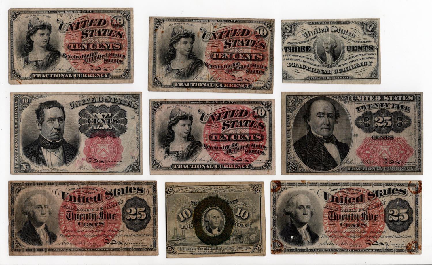 USA Fractional Currency (9), 3 Cents, 10 Cents (4) and 25 Cents (2) dated 3rd March 1863, 10 Cents