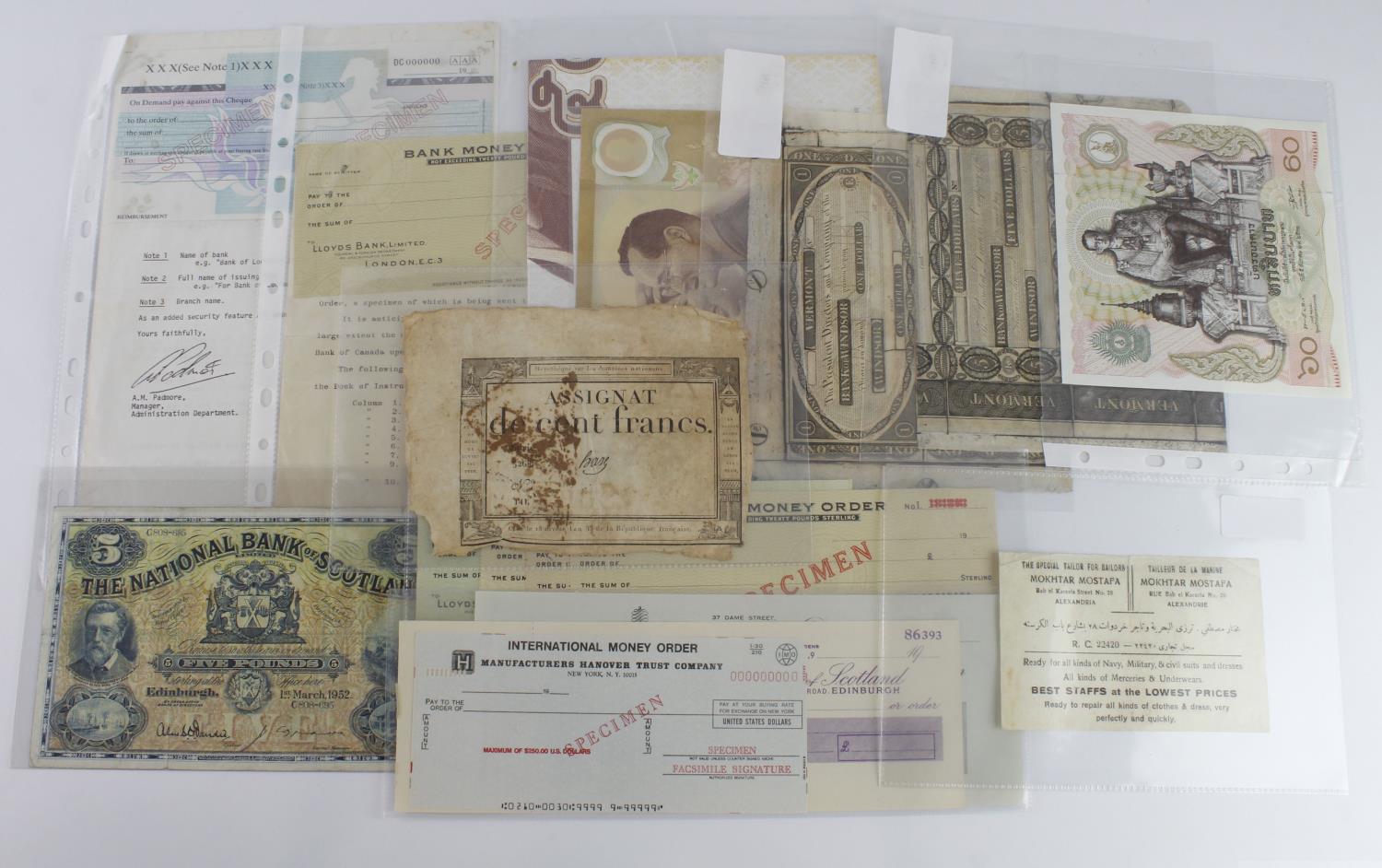 World (18), bank notes and sundry banking ephemera including National Bank of Scotland 5 Pounds