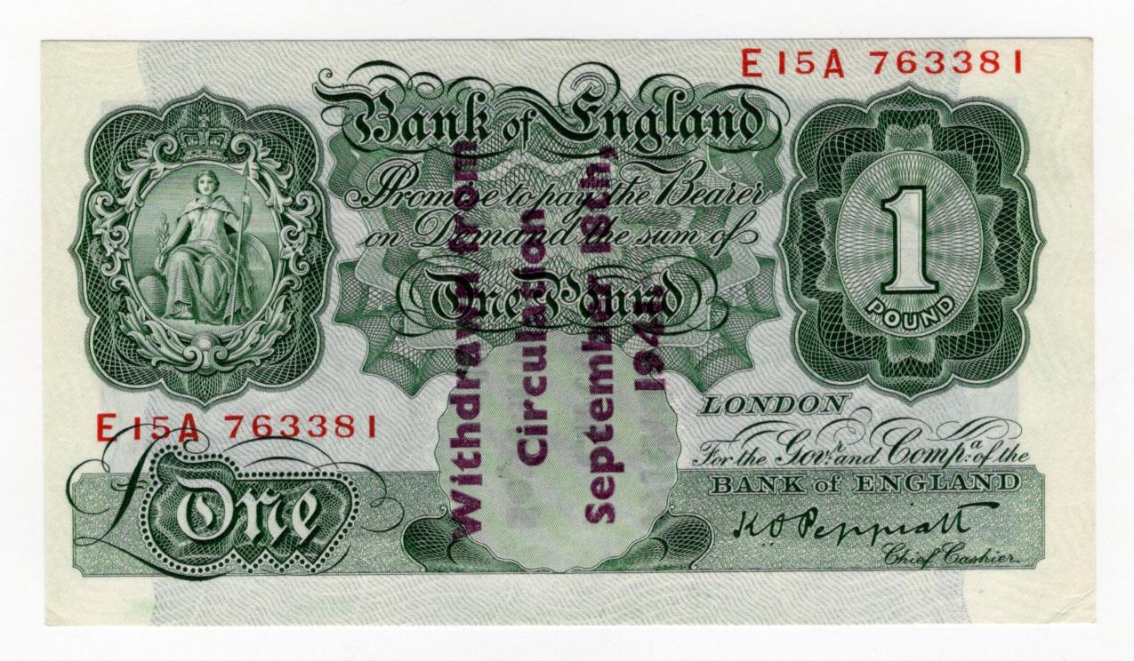 Peppiatt 1 Pound (B239A) issued 1941, Guernsey Overprint 'Withdrawn from circulation September 18th,