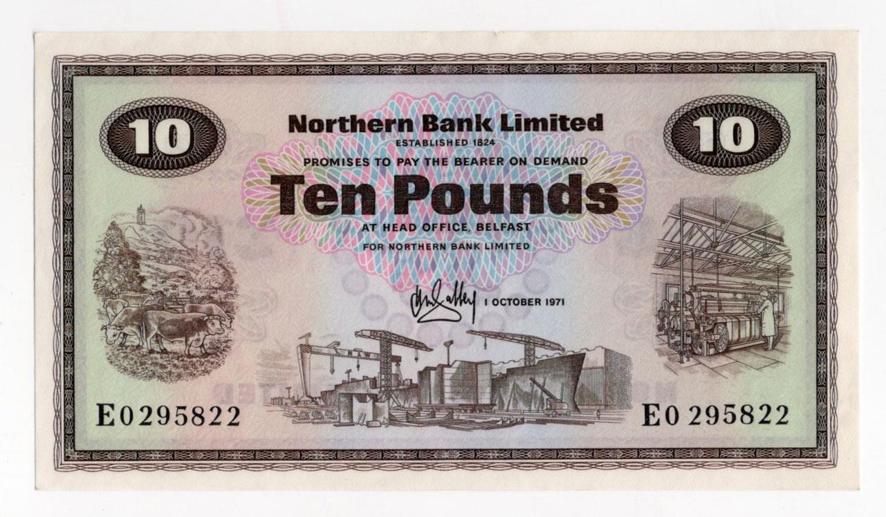 Northern Ireland, Northern Bank Limited 10 Pounds dated 1st October 1971, signed H.M. Gabbey, a