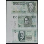 Test Note, an uncut sheet of 3 notes, Israel 20 Shekels Ziva David 'Mossad banknote' on front