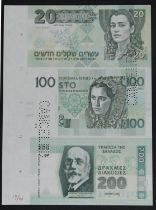 Test Note, an uncut sheet of 3 notes, Israel 20 Shekels Ziva David 'Mossad banknote' on front