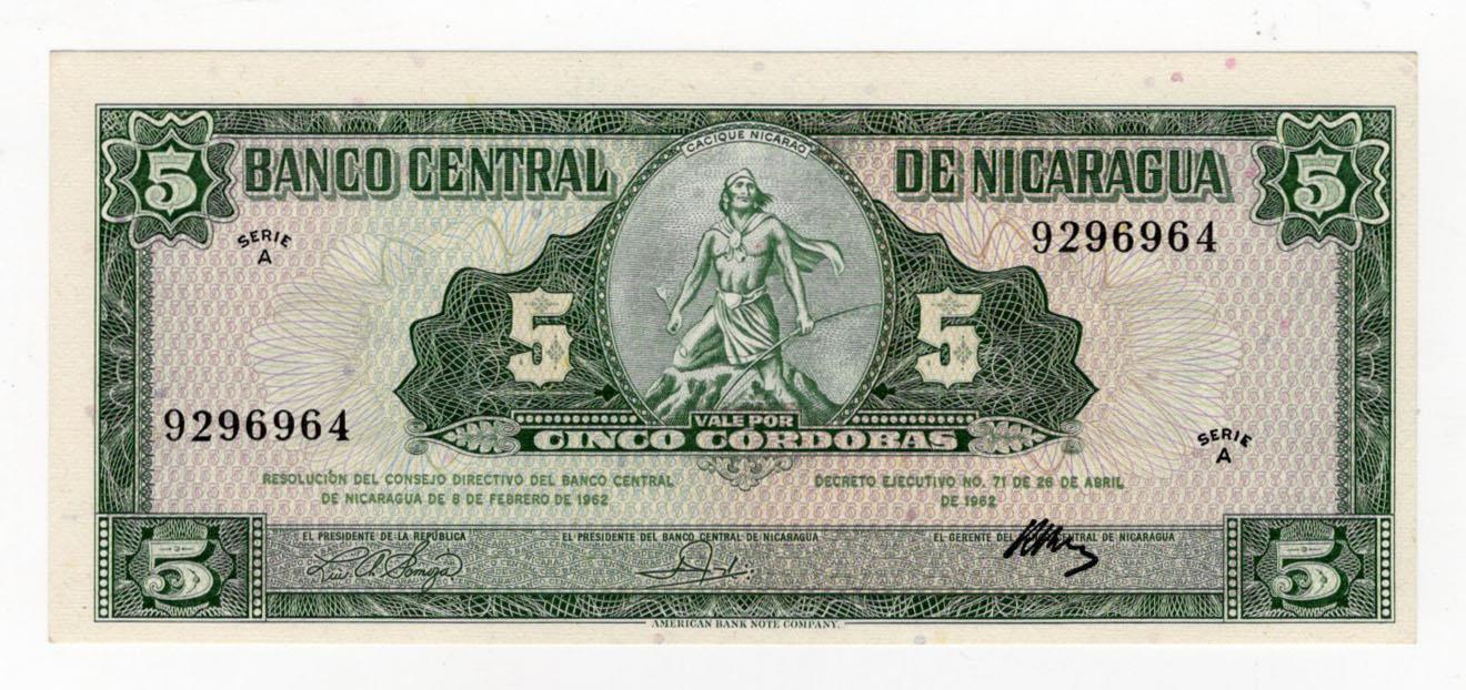 Nicaragua 5 Cordobas dated 1962 Series A, serial number 9296964 (BNB B402a, Pick108a) Uncirculated
