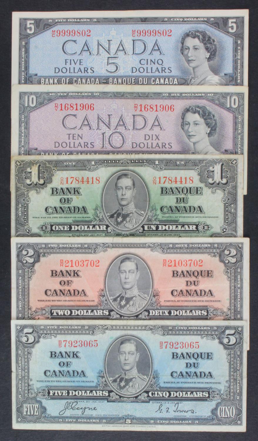 Canada (5), 10 Dollars, 5 Dollars and 1 Dollar dated 1937, King George VI portrait, 10 Dollars and 5