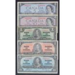 Canada (5), 10 Dollars, 5 Dollars and 1 Dollar dated 1937, King George VI portrait, 10 Dollars and 5
