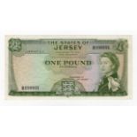 Jersey 1 Pound issued 1963, scarce ERROR - no signature, serial B098891 (TBB B108b, Pick8c) VF