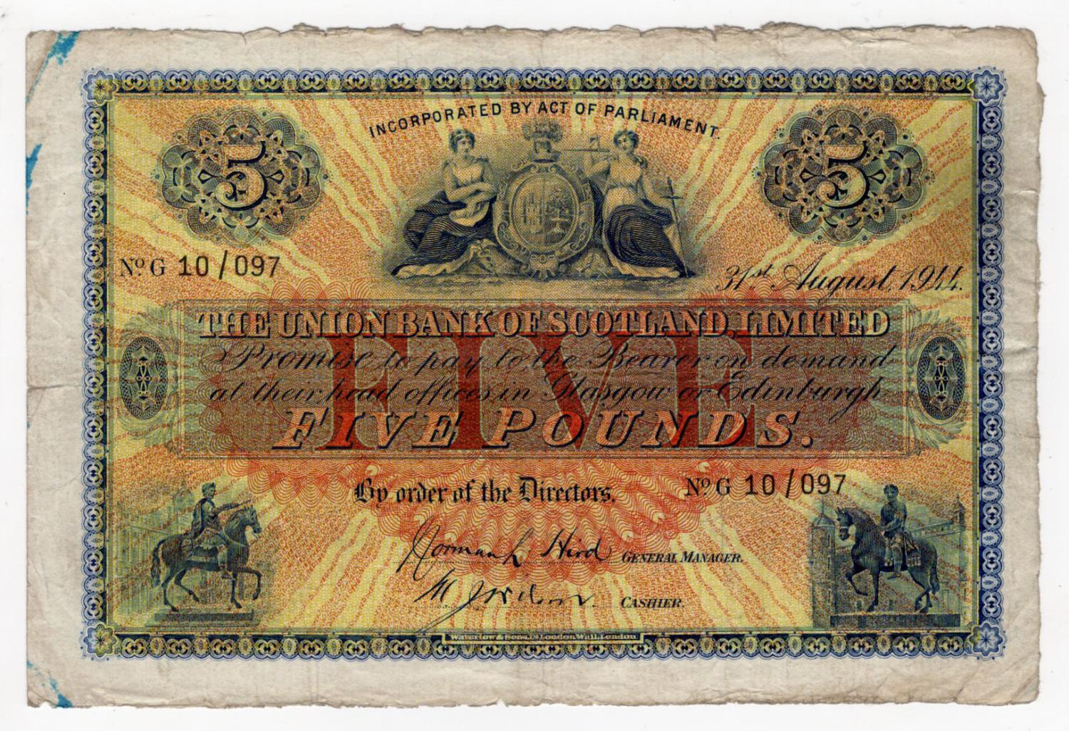 Scotland, Union Bank 5 Pounds dated 31st August 1944, signed Norman Hird & M.J. Wilson, serial G