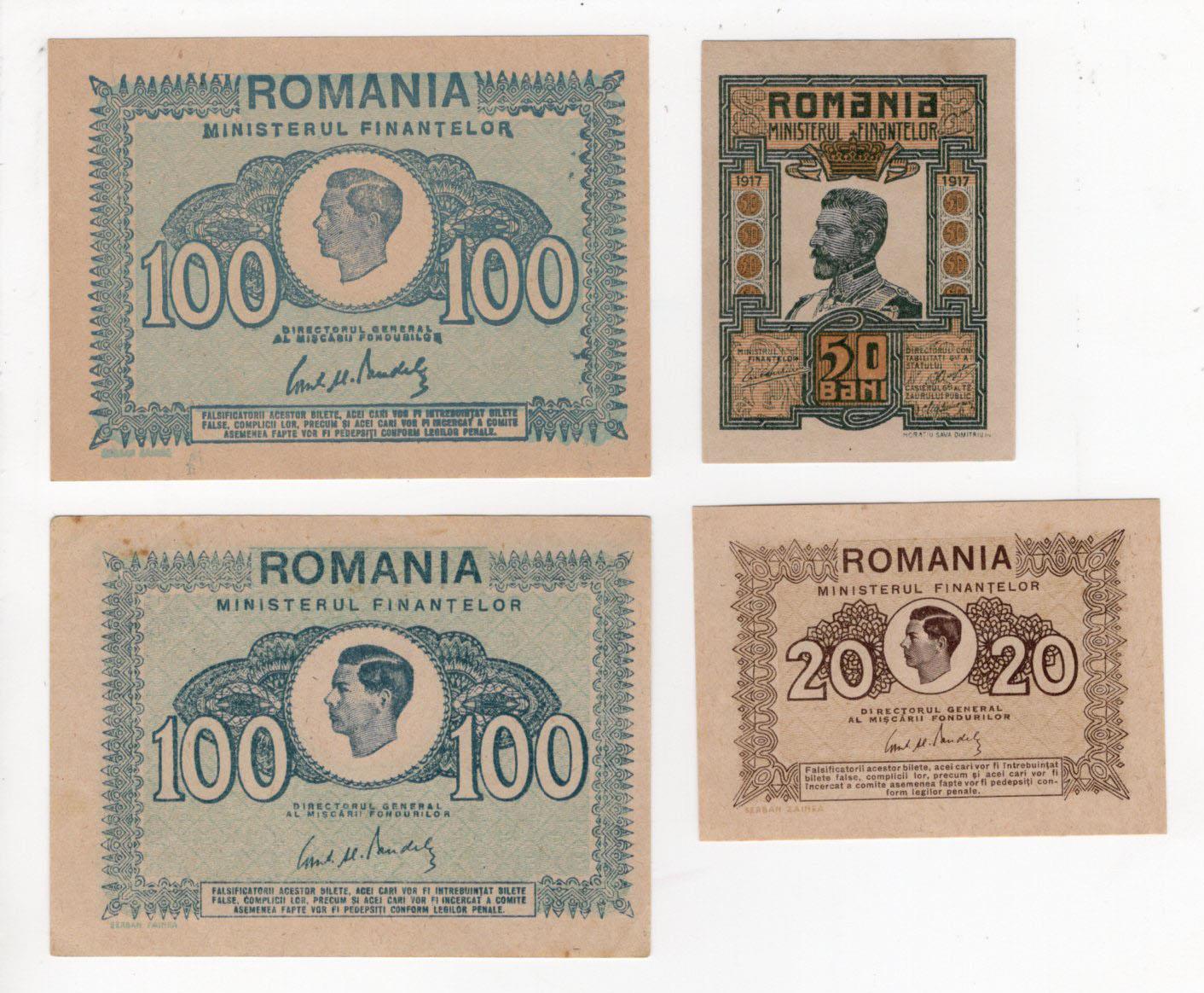 Romania (4), 50 Bani dated 1917, 20 Lei 1945, 100 Lei 1945 x 2 Uncirculated or about