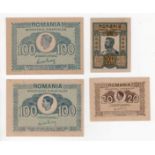 Romania (4), 50 Bani dated 1917, 20 Lei 1945, 100 Lei 1945 x 2 Uncirculated or about