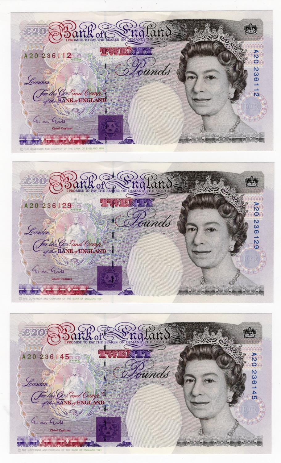 Gill 20 Pounds (B358) issued 1991 (3), a group of FIRST SERIES notes, serial A20 236112, A20