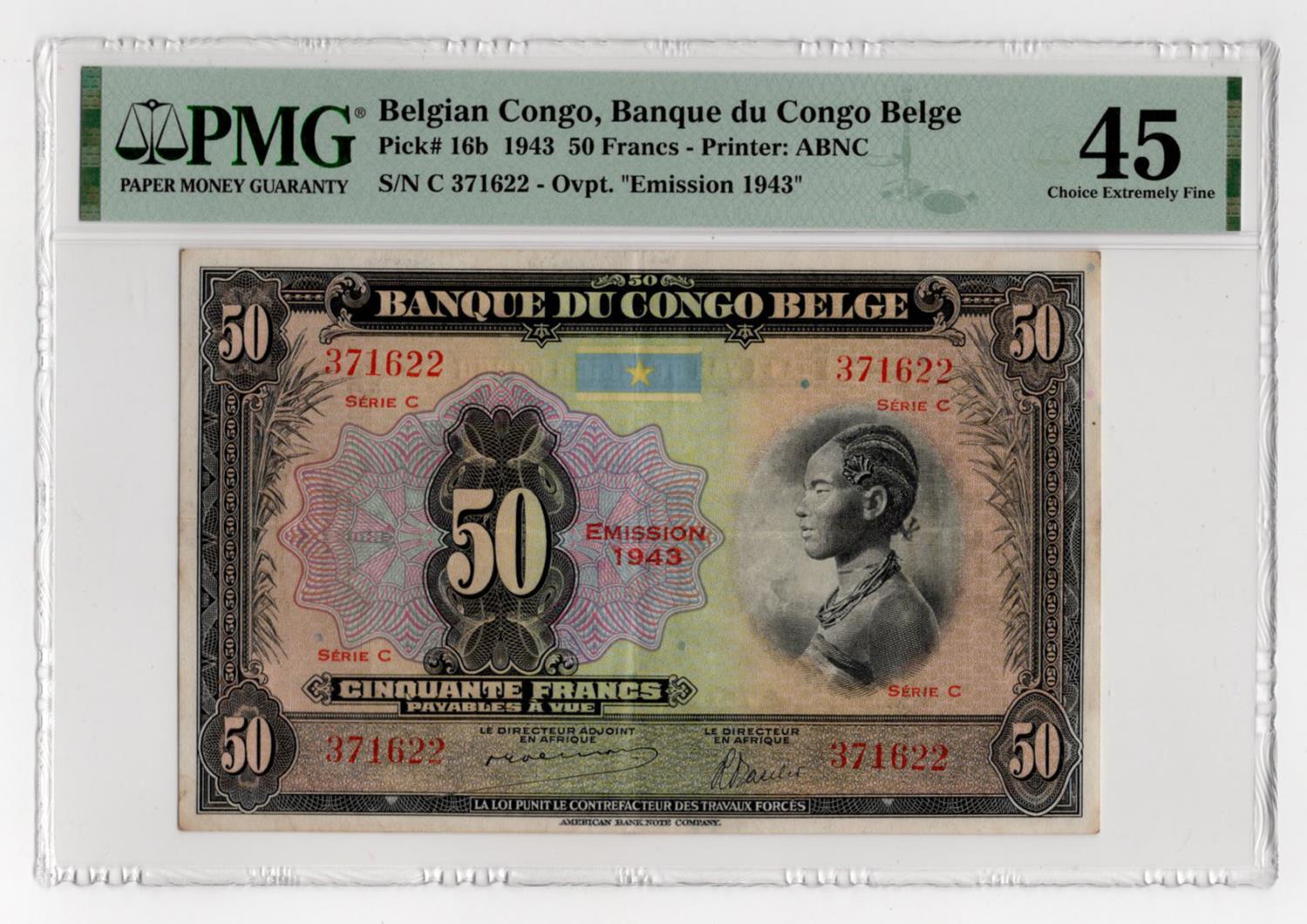 Belgian Congo 50 Francs issued 1943, series C note with 'Emission-1943' overprint, serial no.