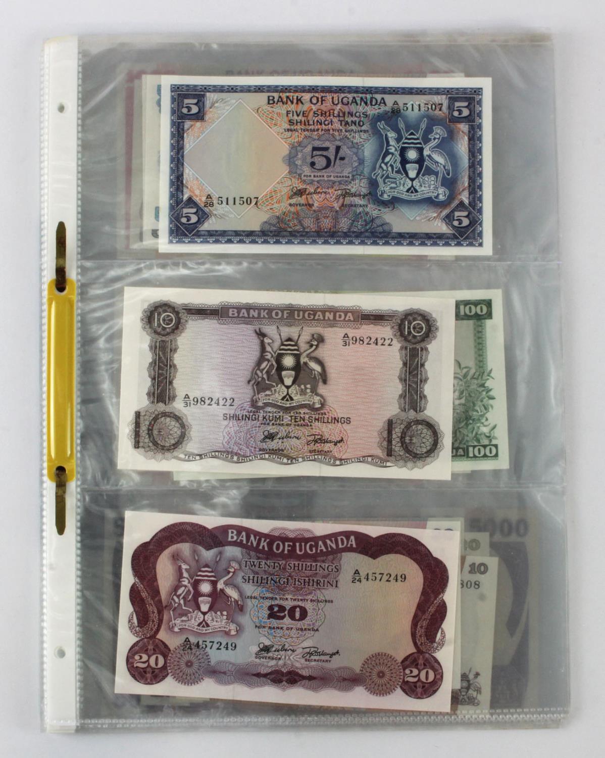 Uganda (35), an Uncirculated group in album pages, 5 Shillings, 10 Shillings, 20 Shillings, 50