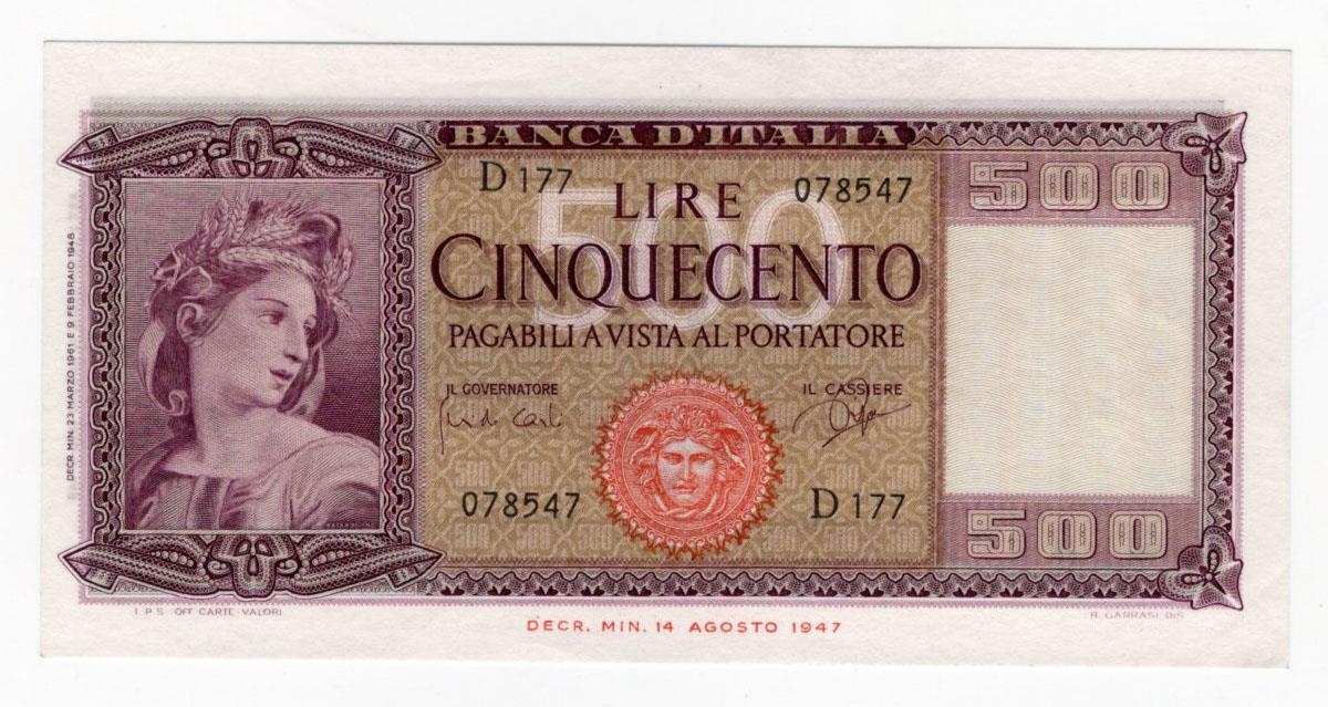 Italy 500 Lire dated 23rd March 1961, last date of issue, signed Carli & Ripa, serial D177 078547 (