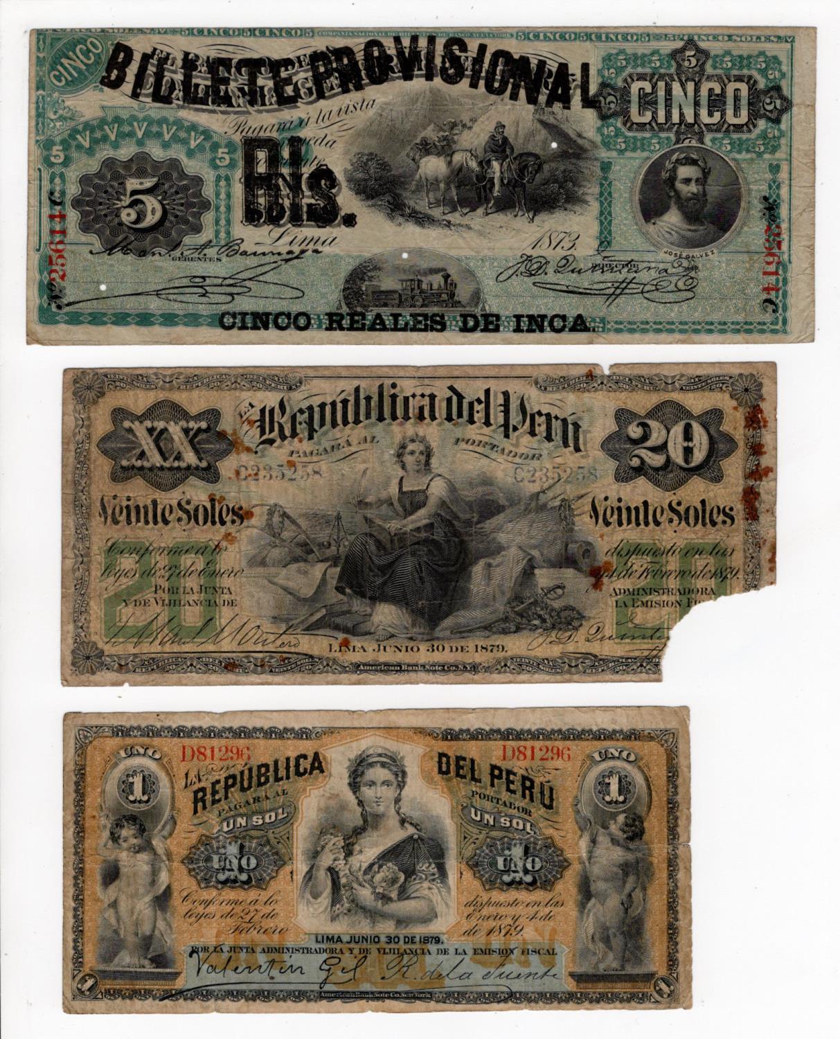 Peru (3), 5 Reales de Inca overprint on 5 Soles dated 1881 (original date 1873) serial 25614 plate C