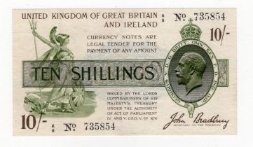 Bradbury 10 Shillings (T17) issued 1918, serial A/6 735854, No. with dot (T17, Pick350a) VF+