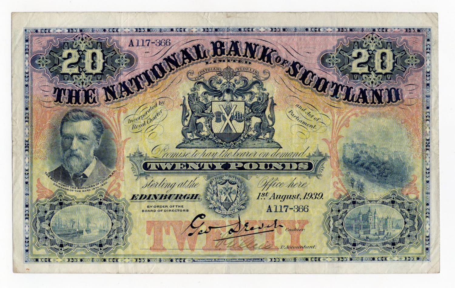 Scotland, National Bank of Scotland 20 Pounds dated 1st August 1939, signed George Drever, serial