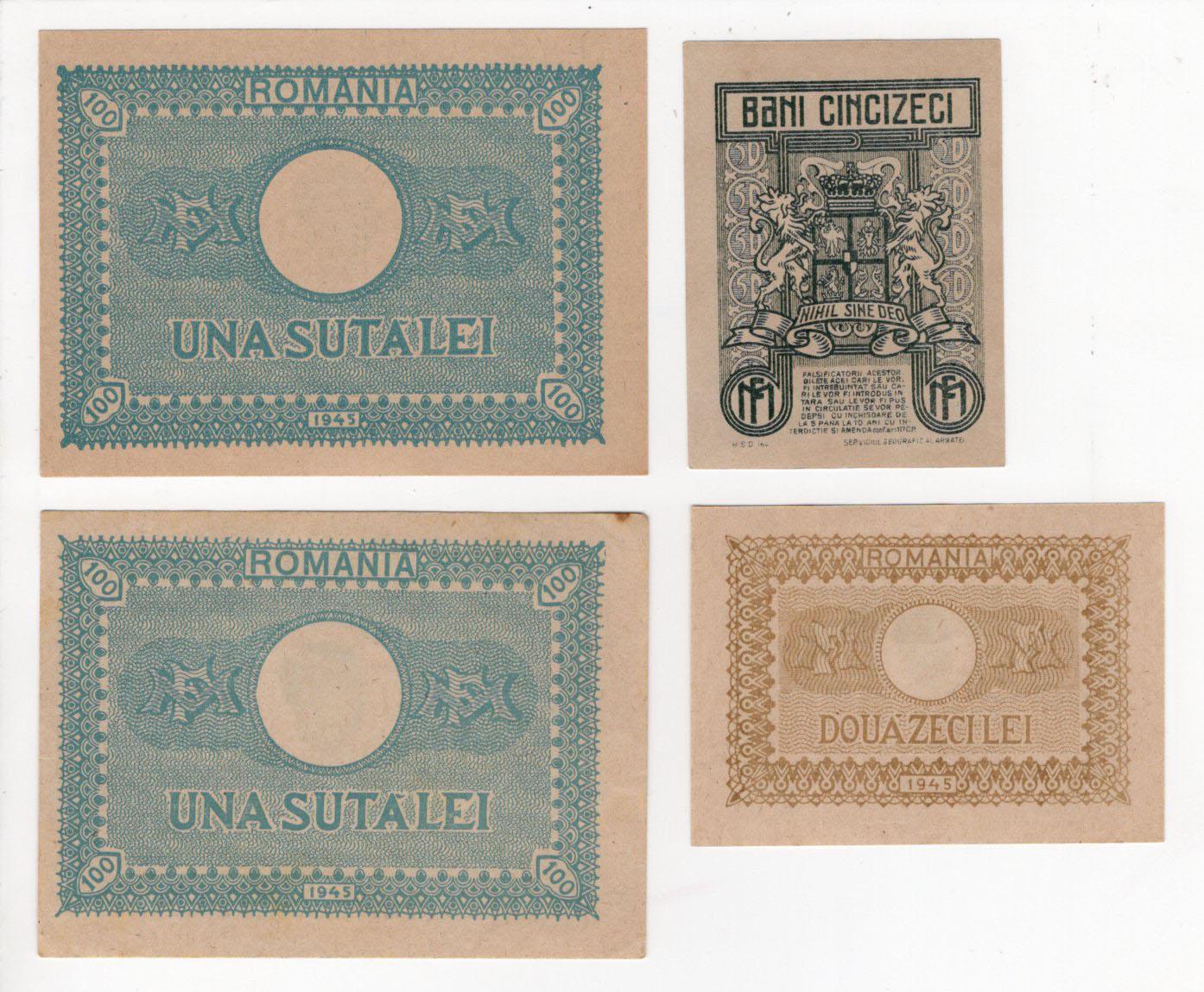 Romania (4), 50 Bani dated 1917, 20 Lei 1945, 100 Lei 1945 x 2 Uncirculated or about - Image 2 of 2